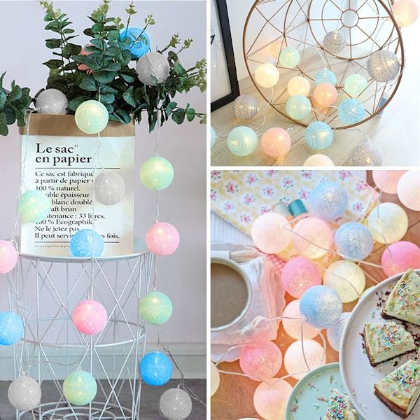 Bomullsbollsträng med lampor, 3M 20LED Batteridriven Fairy Lights, för sovrum