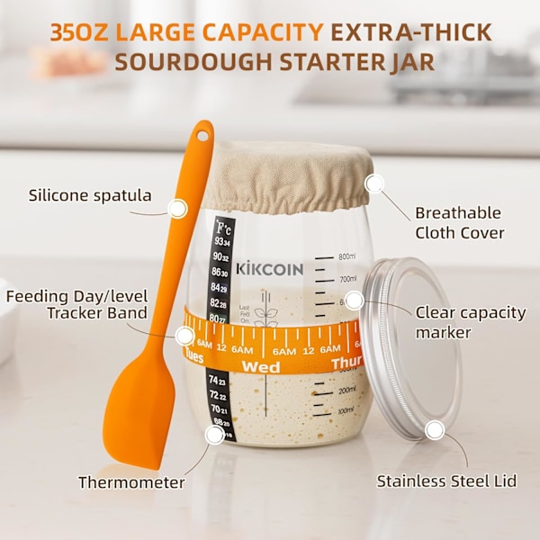 Komplett Surdeg Starter Kit, Kikcoin Banneton Brödjäskorg Set Inkluderar 35oz Surdeg Starterburk, Sur
