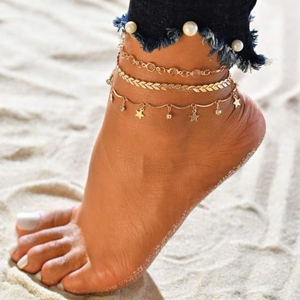 1 stk (Guld) Boho Ankelkæde Guld Krystal Blad Justerbar Tassels