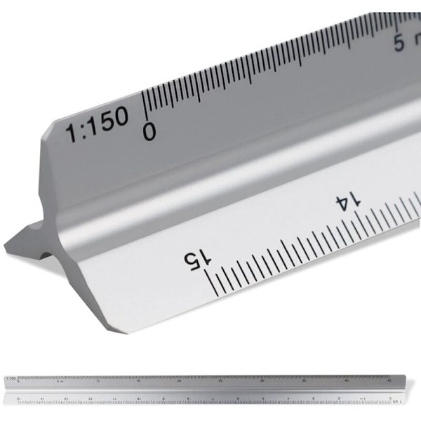 30 cm:n kolmioarkkitehtiviivain, mittakaava: 1:20-1:25-1:50-1:75-1:1