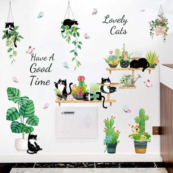 Väggklistermärken för djur Cartoon Cat Tropical Plant Wall Stickers
