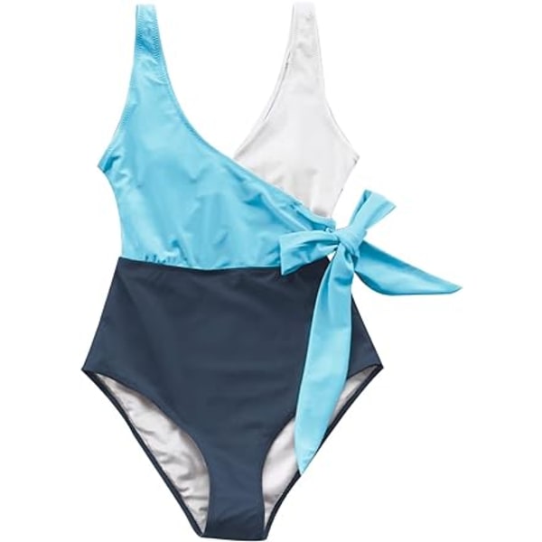 1 stk. blå Dame Badedragt V-hals Wrap Style Farveblok Elegant