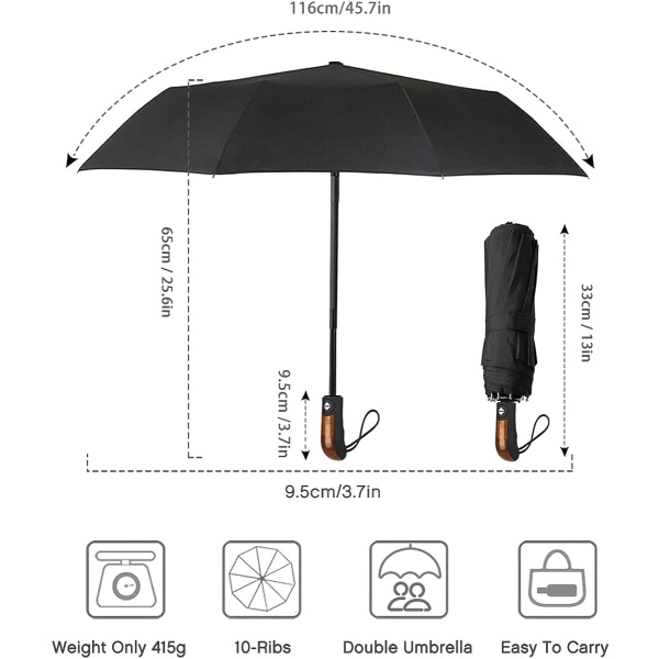 Fällbart paraply, svart kompakt solid hopfällbart paraply för män,