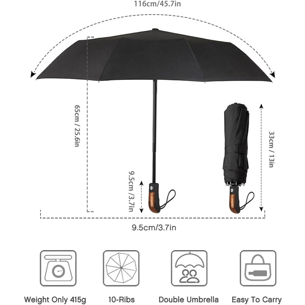 Foldbar paraply, svart kompakt solid foldbar paraply for menn