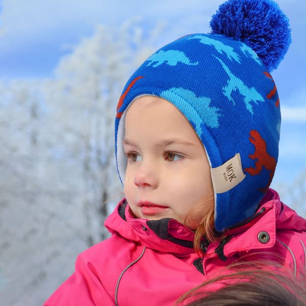 1 Dinosaur børneører med pompom elastisk beanie uldforing