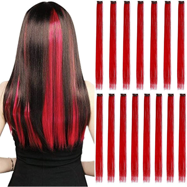 Sett med 15 fargede rett hårforlengelsesklemmer, rød syntetisk