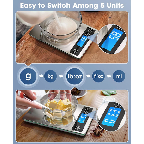 Kökssvåg, 22lb Digital Kökssvåg Vikt Gram och oz för Matlagning Bakning, 1g/0.1oz Precis Avläsning, Rostfritt