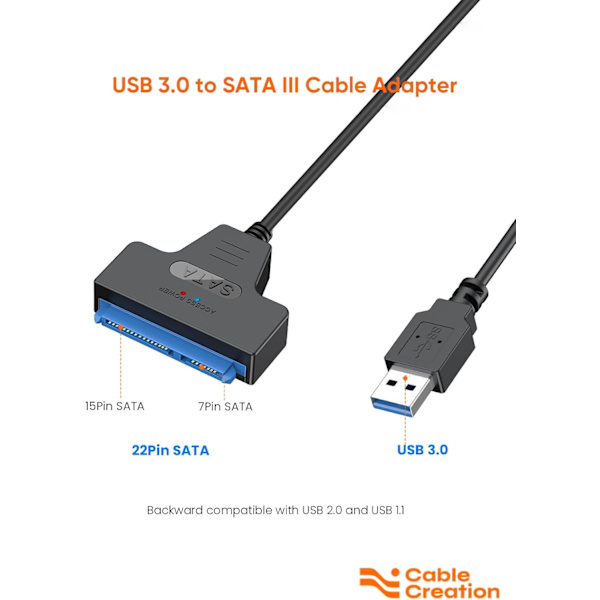 CableCreation SATA til USB 3.0 kabel, USB 3.0 til SATA adapter, kompatibel med 2,5\" SATA III HDD&SSD harddisk