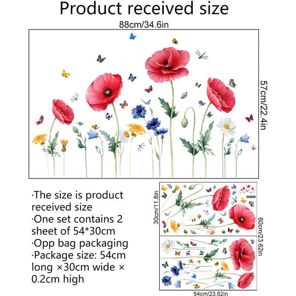 Röd vallmo blomma väggdekal fjäril blomma väggdekal sovrum vardagsrum