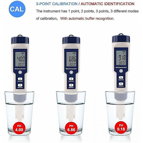 5 i 1 Vattenprovare Multifunktionell Vattenkvalitetstestare, Digital Tds/ec/salthalt/ph/temperatur För Dricksvatten, Pool, Akvarium, Fisk Tank