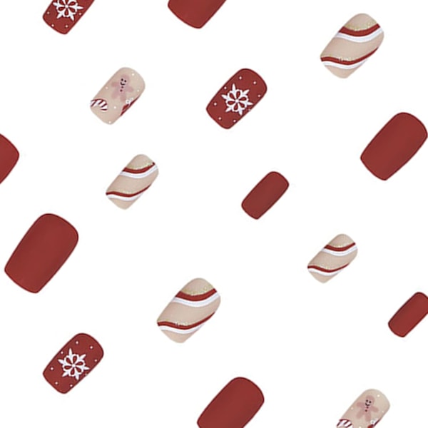 Julpress-on-naglar, Röda Kvadratiska Medium Falska Naglar, Matta Artificiella Falska Naglar med Snöflinga Sled Stripe Design