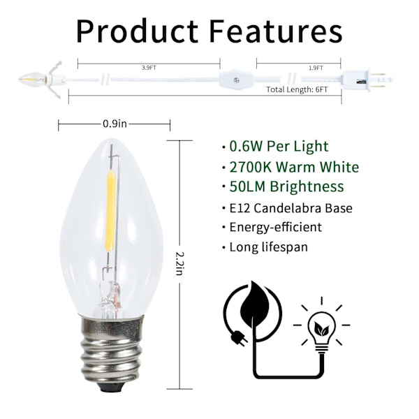 LED-lamppujen sarja, 4 kpl, valkoinen, virtajohto ja kytkin