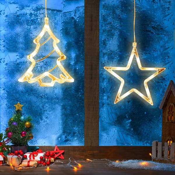 2 stk. Julegardinlys, Stjerner og Juletræ LED