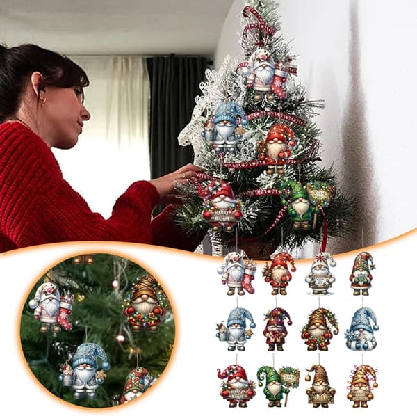 Trätomte Julgranspynt Set, 12 st Julgranspynt Tomtar, Färgglada Julpynt