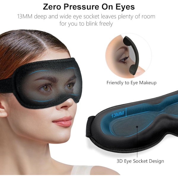 100% Mörkläggningsögonmask för Kvinnor & Män - Noll Tryck Sömnögonmask - Ergonomisk Design 3D Utskärning för Ögonrörelse