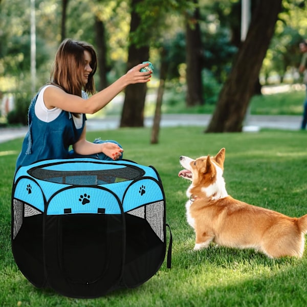 Hundlekhage, hopfällbar valphage, husdjurshage bärbar pop-up-tält 8-panel nätöverdrag bedårande design 600D mjuk Oxford lekhage kennel för inomhus-utomhus hund katt kanin. (S 28\" * 28\" * 18\", blå)