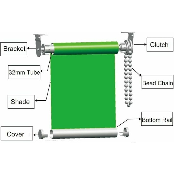 Rullgardinsats 32mm, komplett med rullgardinskoppling med rullgardinskedja, rullgardinsfäste, kedjekoppling