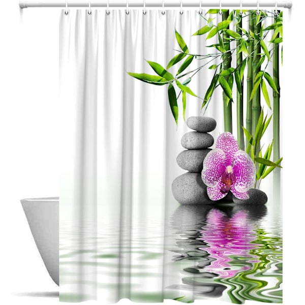 Zen Duschdraperier Grönt Bambu Lila Blomma Sten Reflektion W