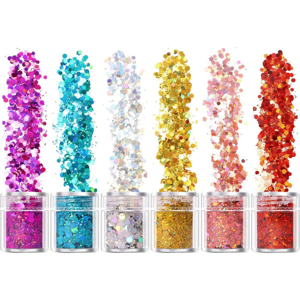 6 Farver Dekorativ Glitter, Harpiks Glitter, Ansigtsmakeup Glitter,