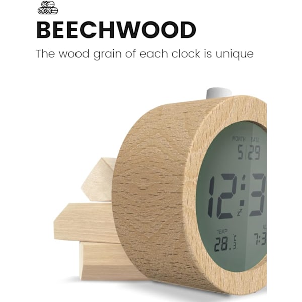 Träväckarklocka Sängbord med LCD-bakgrundsbelysning, Temperaturvisning, Snooze-funktion, 3 AAA Batteridriven Klocka för