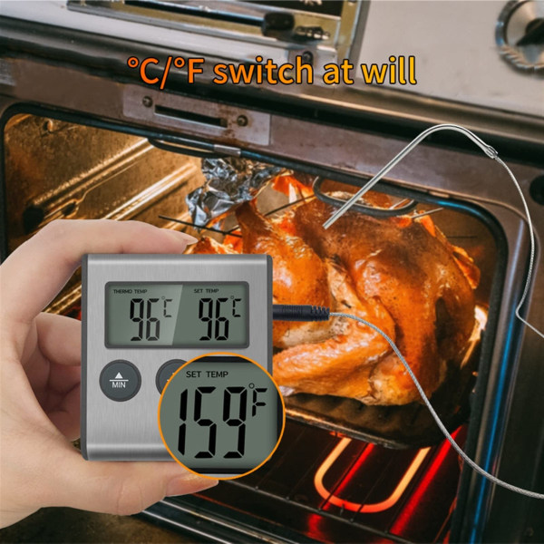 Digitalt steketermometer med timer og sonde for ovn, grill og mattemperaturmåling