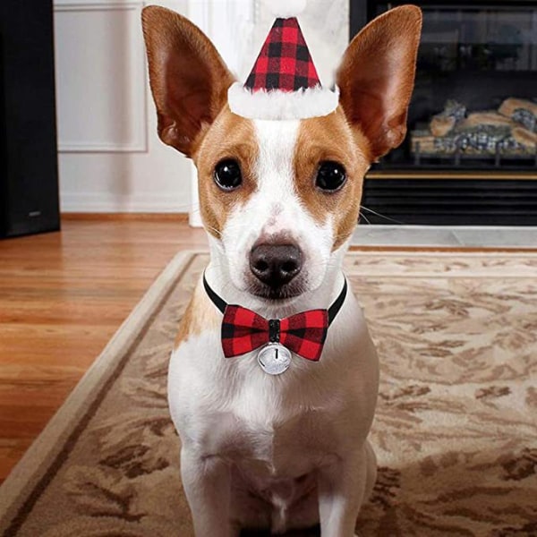 Julehunde Bandana Hat Bow Tie Sæt - Klassisk Ternet Dyrehalstørklæde