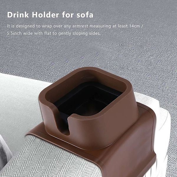 Dryckeshållare för vinglas/muggar/koppar/burkar på soffarmstöd, silikon dryckeshållare för soffa, brun