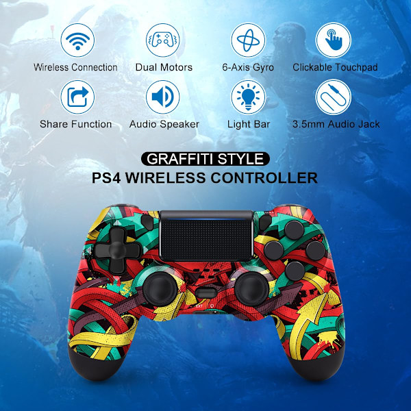 PS4 Controller Trådløs, med USB C Kabel/1000mAh Batteri/Dobbelt Motorer/6-akset Gyro/3,5 mm Lydjack/Multi Touch Pad/