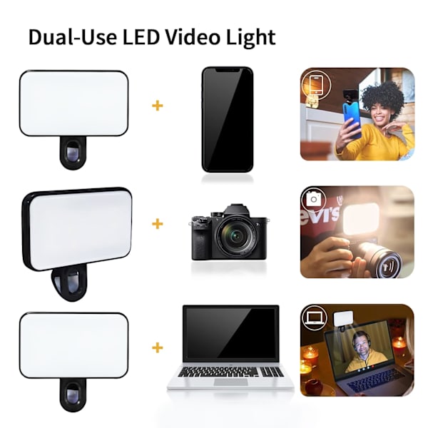 Selfie-lys, LED-telefonlys med 3 lystilstande, USB-oplader bærbar