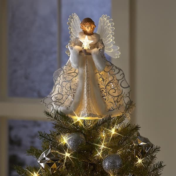 Hvit juleengel tretopper med LED-lys