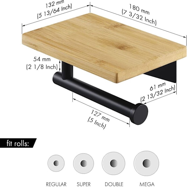 Liimautuva WC-paperiteline bambuhyllyllä, rullateline ilman porausta 304 ruostumattomasta teräksestä