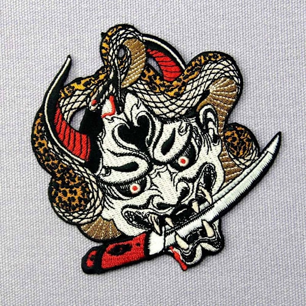 Hannya Oni Mask Patch Broderad Emblem Stryk På Sy På Emblem