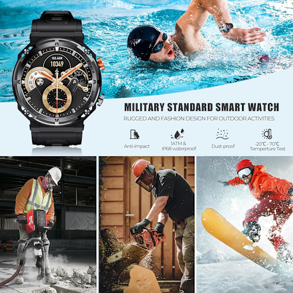 Militær Smartwatch til Mænd, Bluetooth Opkald, 1.39” HD IP68 Fitness Tracker Ur med 100+ Sportstilstande til Android