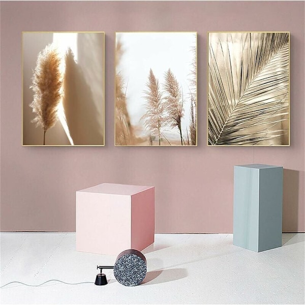 Set med 3 premium plakater, beige, pampasgress, moderne veggdekor,