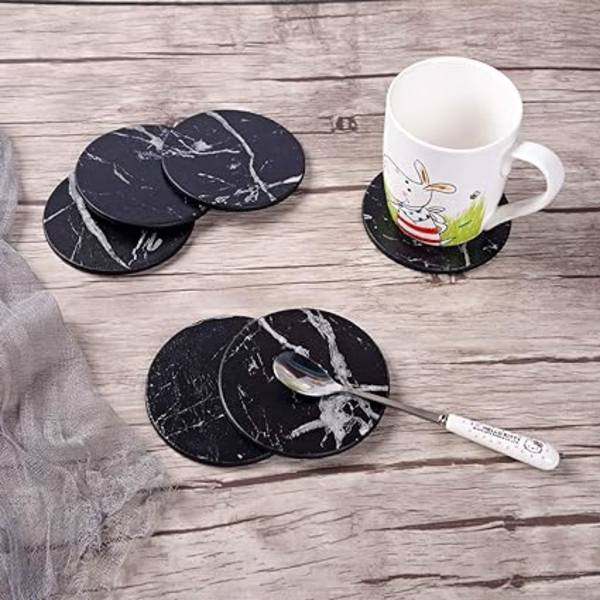 6 kpl Premium PU-nahka-alustat telineellä, pyöreä kupin alusta