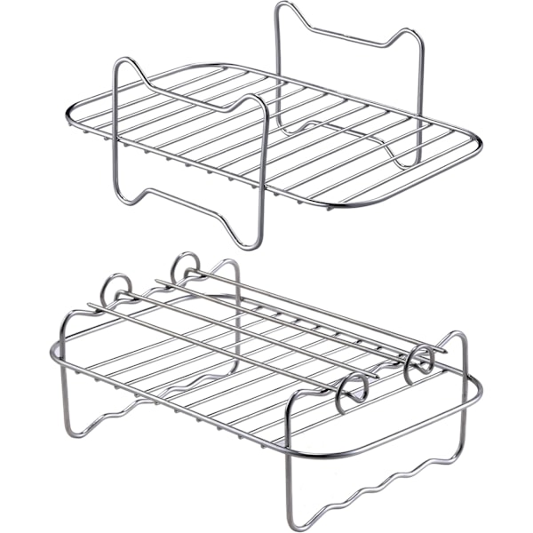 2 stk Luftfrityrkurv, Dobbel Luftfrityrkurv i Rustfritt Stål, Grillrist med 4 Spidd