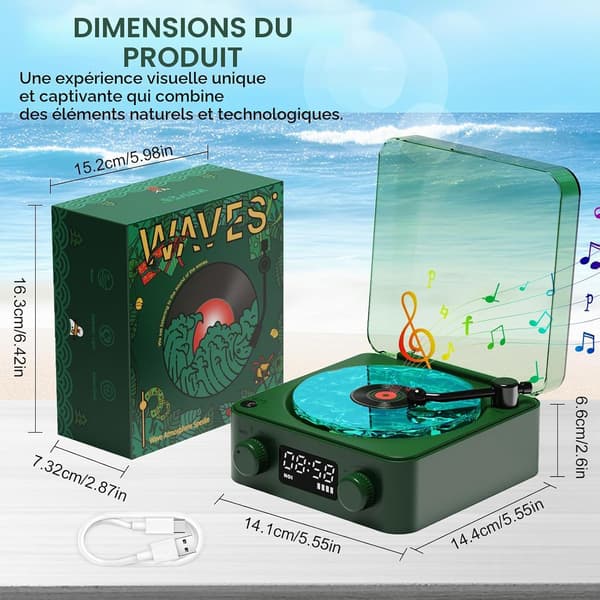 Vinylspelare med vattenvågsljus, mörkgrön, Bluetooth, bärbar, trådlös, för sovrum, kontor, fest