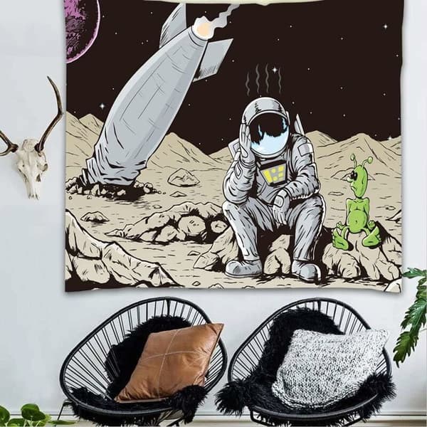 200x150cm Trippy Astronaut Tapestry, Rocket Crashed on Alien Plan