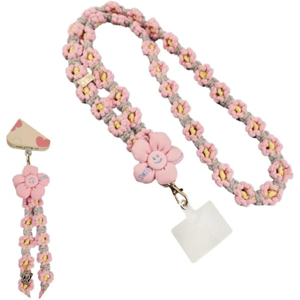 Boho Stickad Blommig Telefonhalsband Handledsrem Crossbody Söt Blommig Plysch Kedja Halsband För Plånbok Nycklar ID-kort Tillbehör