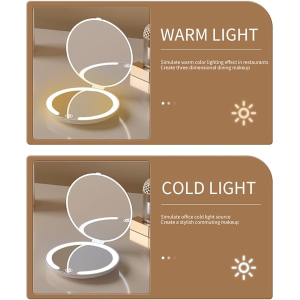 Kompakti peili LED-valolla, matkapeili, 1X/5X suurennus LED-taskupeili USB-datakaapelilla, minipeili