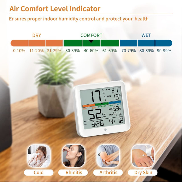 (Hvit) Hygrometer Innendørs Termometer - Digital Fuktighet Fuktighetsmåler Nøyaktig Temperaturmonitor med Kalibrering MAX/MIN-poster, LCD-bakgrunnsbelysning Klo