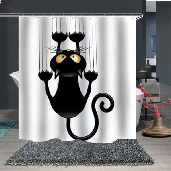 Leashy duschdraperi att montera, rolig kattdesign, med krokar (