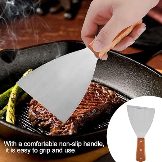 1 stk rustfritt stål stekespatel, trehåndtak, non-stick
