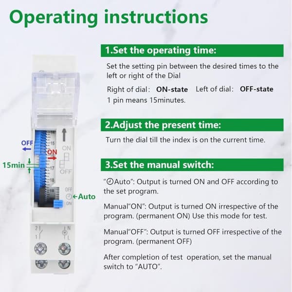 Mekanisk 24-timmars timer – 15-minuters programmering – DIN-skenemontering – Vattentätt skydd – Integrerat batteri – 230VAC 16A - AC220-240V