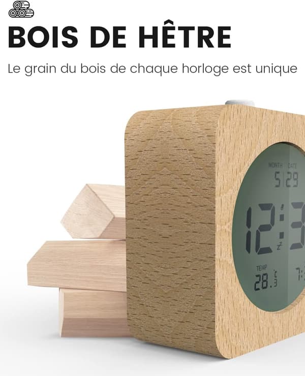 Trä digital väckarklocka, LCD digital klocka för att vakna på morgonen, med datum, temperatur, sovfunktion, b