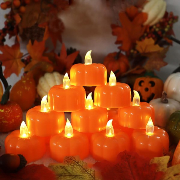 Halloween Græskar Te-lys Dekorationer Efterårs Dekoration, 24 Pak LED Orange Græskar Lys Flammeløse Lys Batteri Op