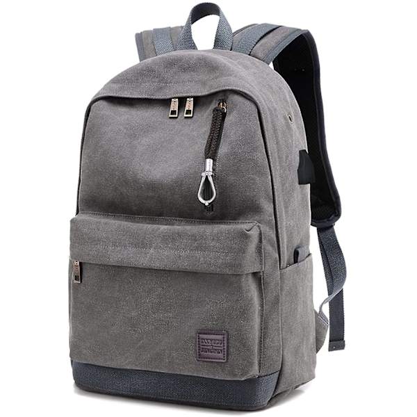 Reppu, Canvas Business Travel Backpack, Oppilaitoskoululaukku, Läppärireppu, Ulkoinen USB-latauslaukku kuulokeliitännällä (Harmaa)