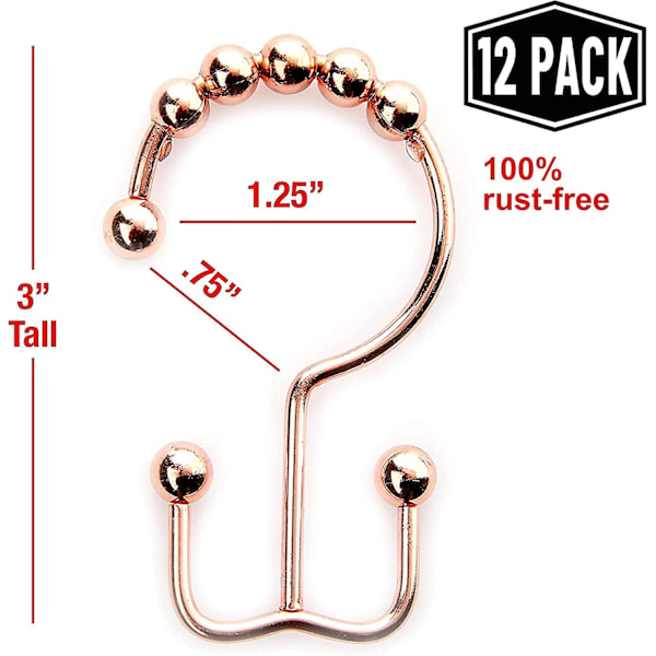 Koppar duschdraperi krokar ringar, rostfritt rostfritt stål metall, glider enkelt över badrum duschstänger, 12-pack