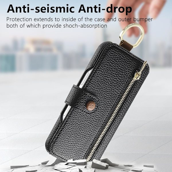 Læderetui til iPhone 16 Pro Max/16 Pro/16 Plus/16, Håndledsrem Flip Cover med Ring RFID Blokering Lynlås Tegnebog