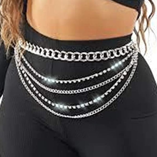 A chain silver metal waist chain women body chain inlaid with